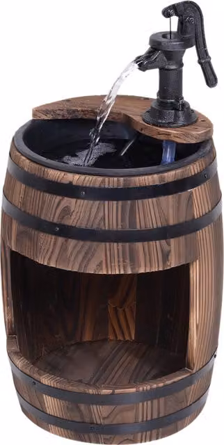 Outsunny Wood Barrel Patio Water Fountain with Flower Planter and Electric Pump, Brown – 1