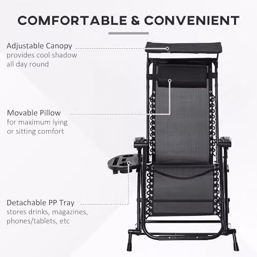Outsunny Black Folding Recliner Garden Rocking Chair with Sun Canopy, Adjustable Headrest and Side Tray – 5