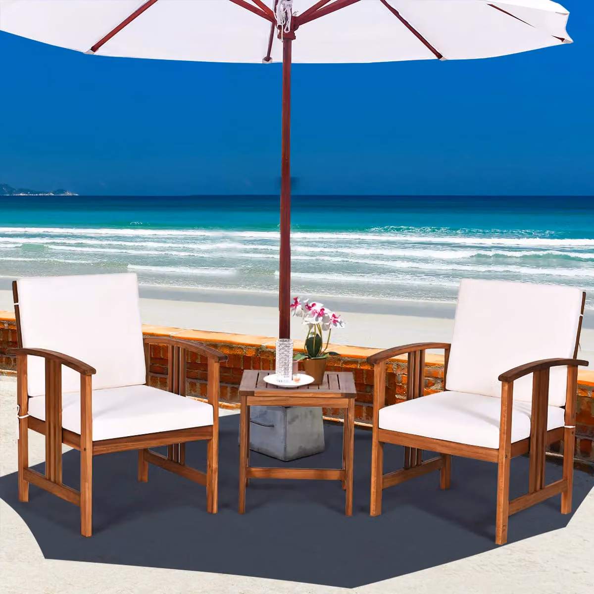 Gymax 3-Piece Outdoor Acacia Wood Sofa Set with White Upholstered Cushions – 7