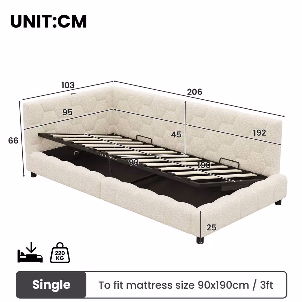 BTM Single Boucle Ottoman Bed in Beige with RGB LED Lighting and USB Charging Port, W/D/H: 90 x 190 cm – 3