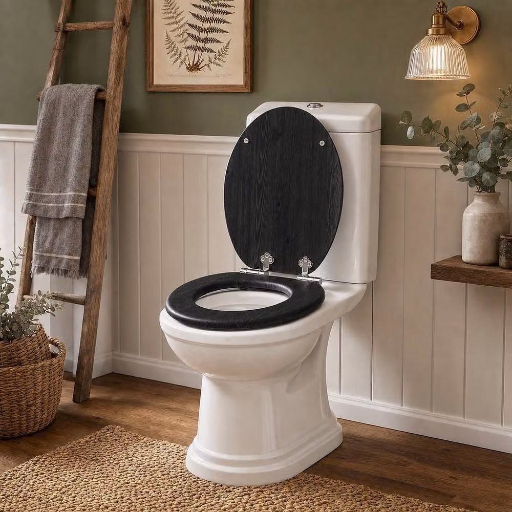 SINOBATH Universal Oval MDF Toilet Seat with Soft-Close and Antibacterial Finish, Black, W: 43.5 cm, D: 37.5 cm, H: 5 cm – 4