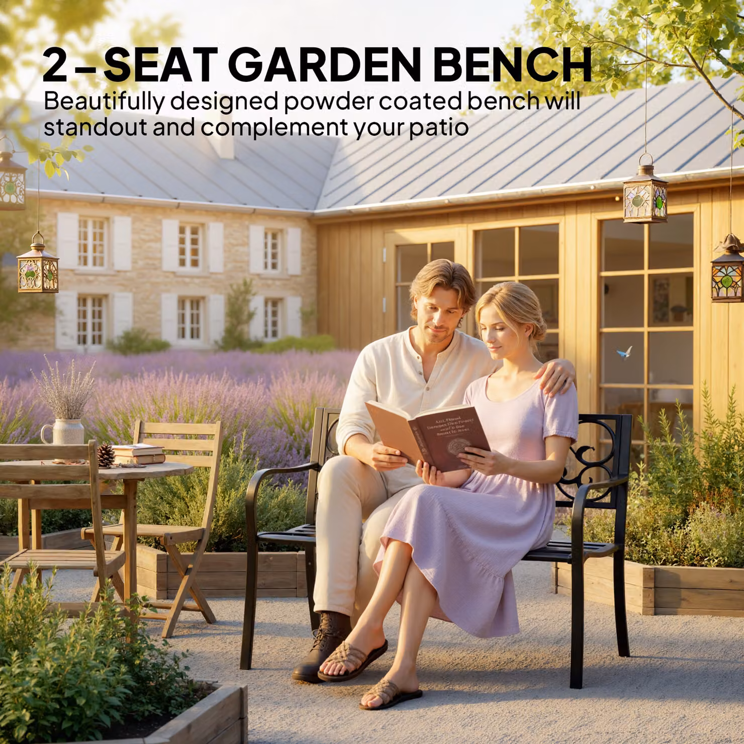 Outsunny Black Metal Garden Bench with Floral Backrest and Armrests – 4