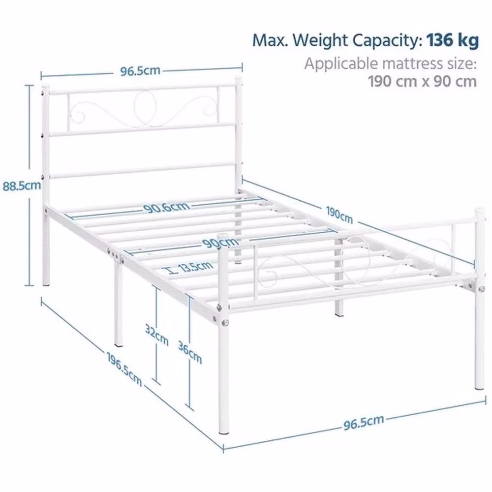 NESTLUNE Single Metal Bed Frame in White, W/D/H: 90 x 190 cm – 2