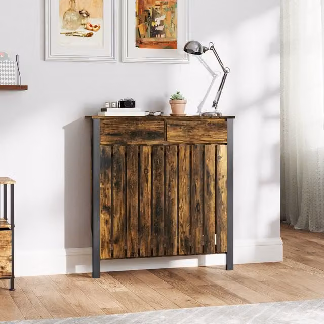 HOMCOM Radiator Cover with Drawer and Vertical Slats in Brown and Black for Hallways