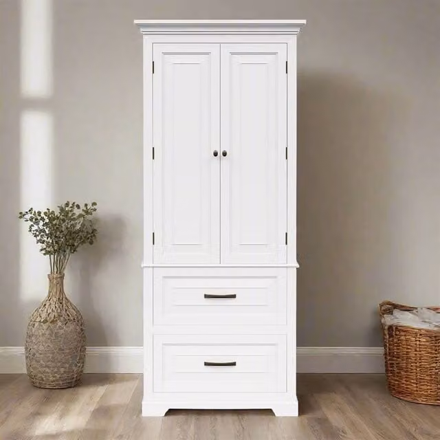 Teamson Home St. James Tall Linen Tower Cabinet in White with Bronze Hardware, featuring Two Doors, Two Drawers and Three Internal Shelves, H 158.1 x W 40.59 x D 35.4 cm
