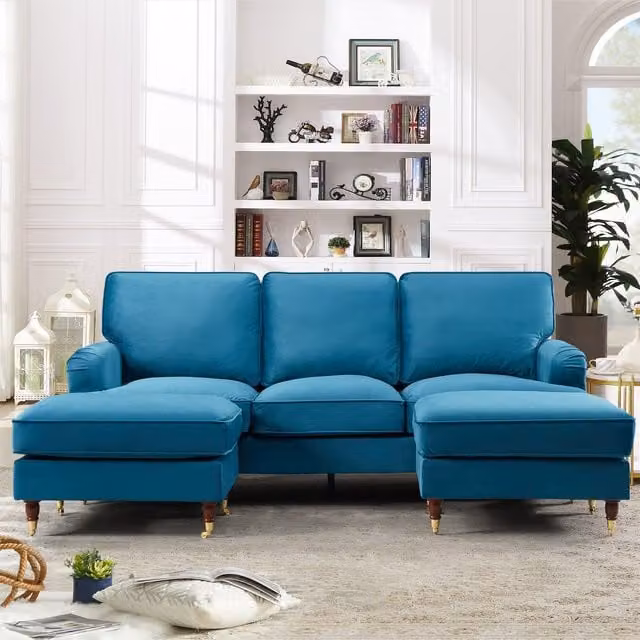 Artemis Home Woodbury U-Shaped Velvet Fabric Corner Sofa with Matching Ottoman, Petrol Blue, Width: 218 cm