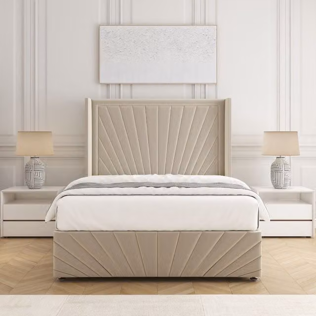 BSSPOKE Nola Plush Velvet Divan Bed Set with 54 inch Headboard and Mattress in Beige, Small Double, W/D/H: 137.16 x 120 x 200 cm