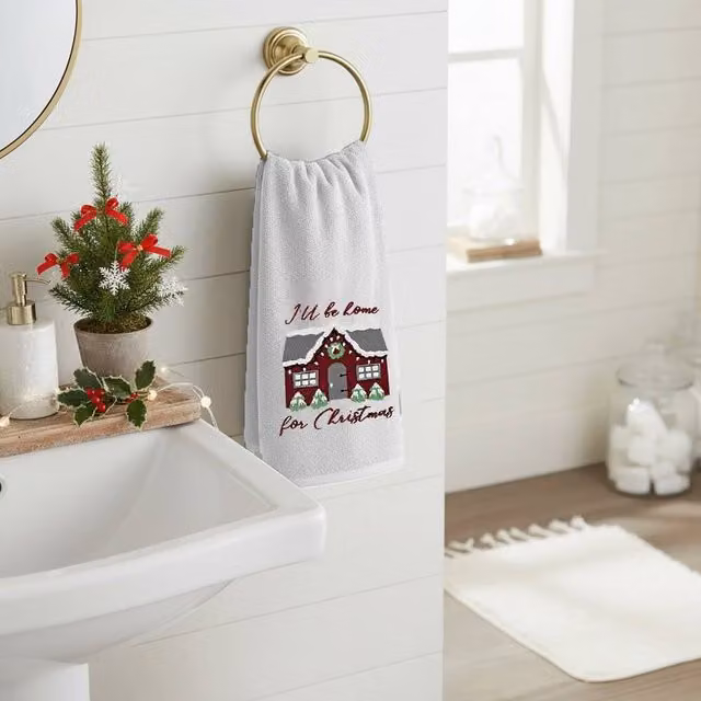 Velosso Ill Be Home 2 Pack White Cotton Christmas Hand Towels