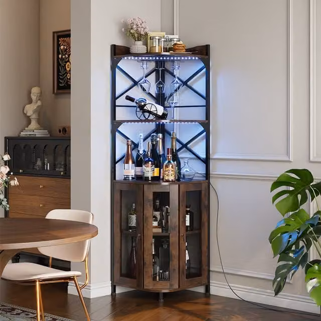 Livingandhome Industrial 5-Tier Corner Bar Cabinet with LED Lighting, Glass Doors, Bottle Rack and Glass Holder in Brown and Black