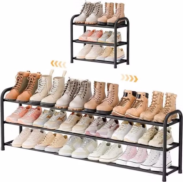 FORGEVIO Expandable 3-Tier Metal Shoe Rack in Black