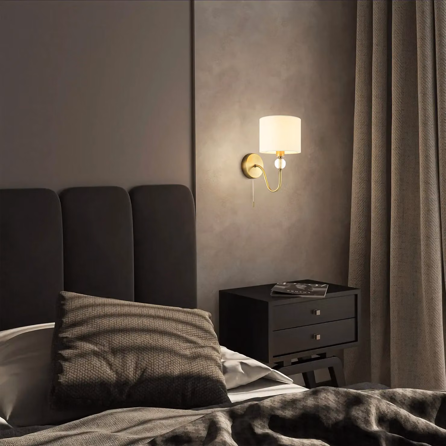 Happy Homewares Traditional Bedside Wall Light in Antique Brass with Pull Chain and White Fabric Shade – 3