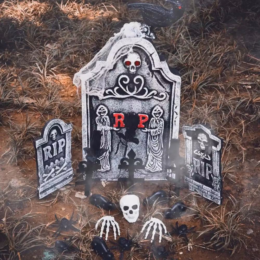 Garden Greatness 26-Piece Black Plastic Halloween Tombstone and Graveyard Accessory Set – 3