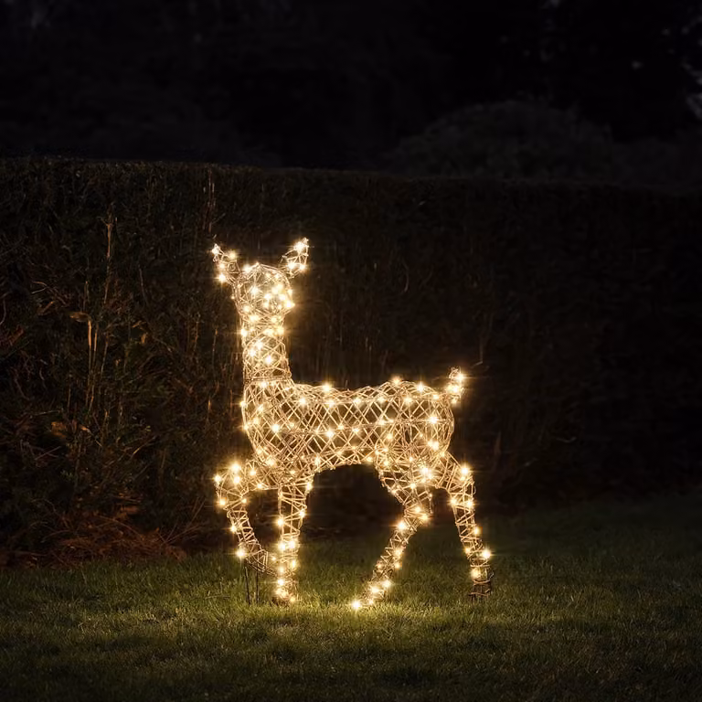 Lights4fun 90cm Studley Rattan Doe Light Up Reindeer in White and Beige