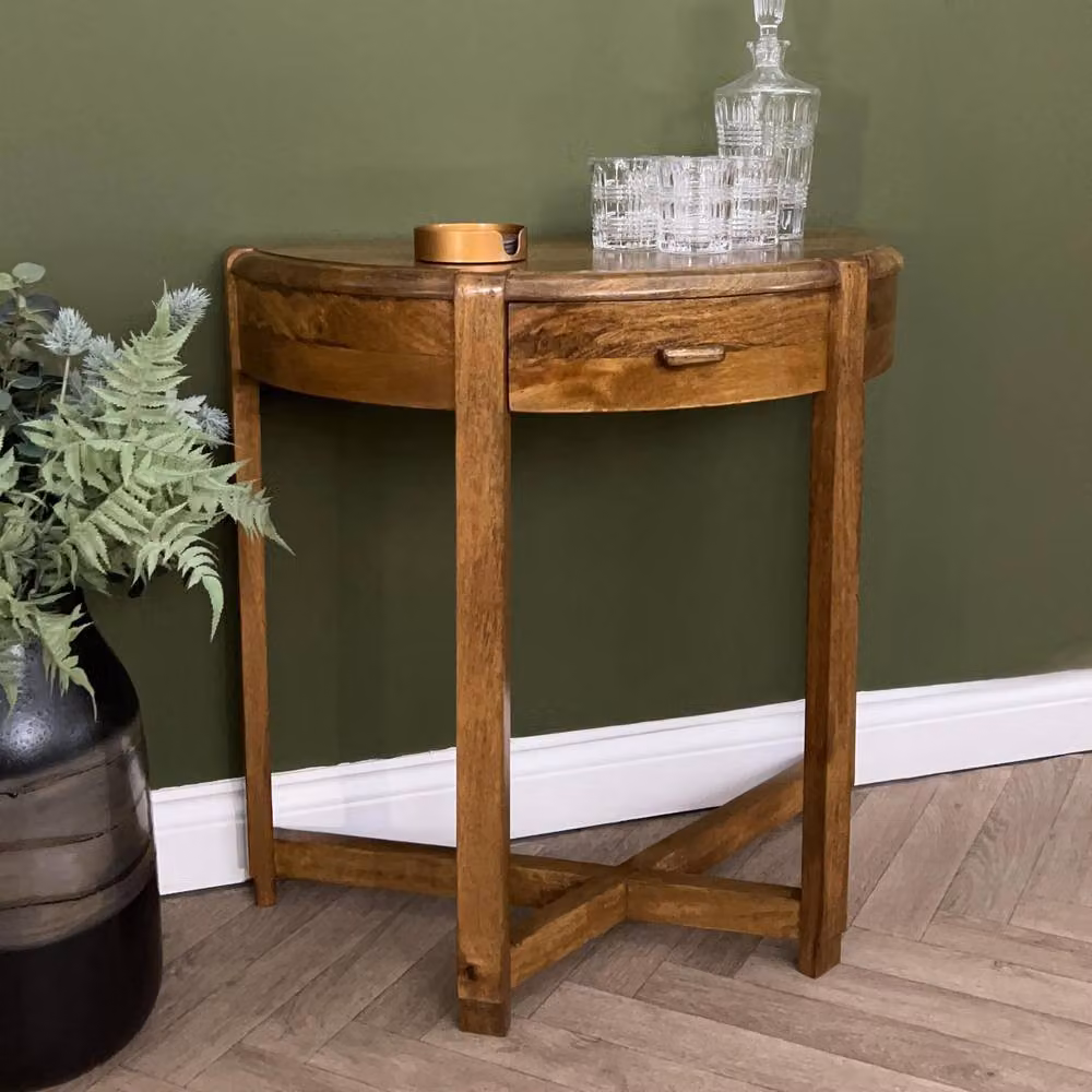 Elm Home And Garden Curved Hall Console Table in Solid Wood with Dark Oak Finish, Brown – 2