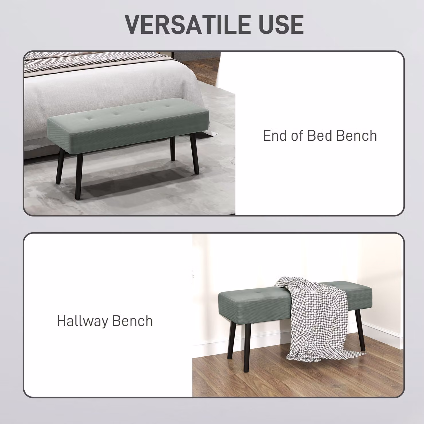 HOMCOM Corduroy End of Bed Bench with Thick Padding and Metal Legs in Green – 5