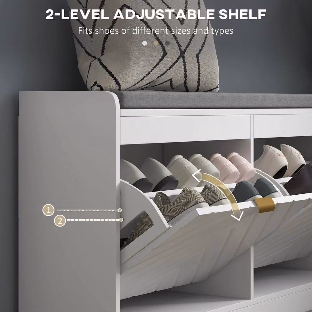 KORVIXA Shoe Storage Bench with 2 Flip Drawers in White and Gold with Fabric Seat, W/D/H: 52.5 x 106.0 x 42.5 cm – 3