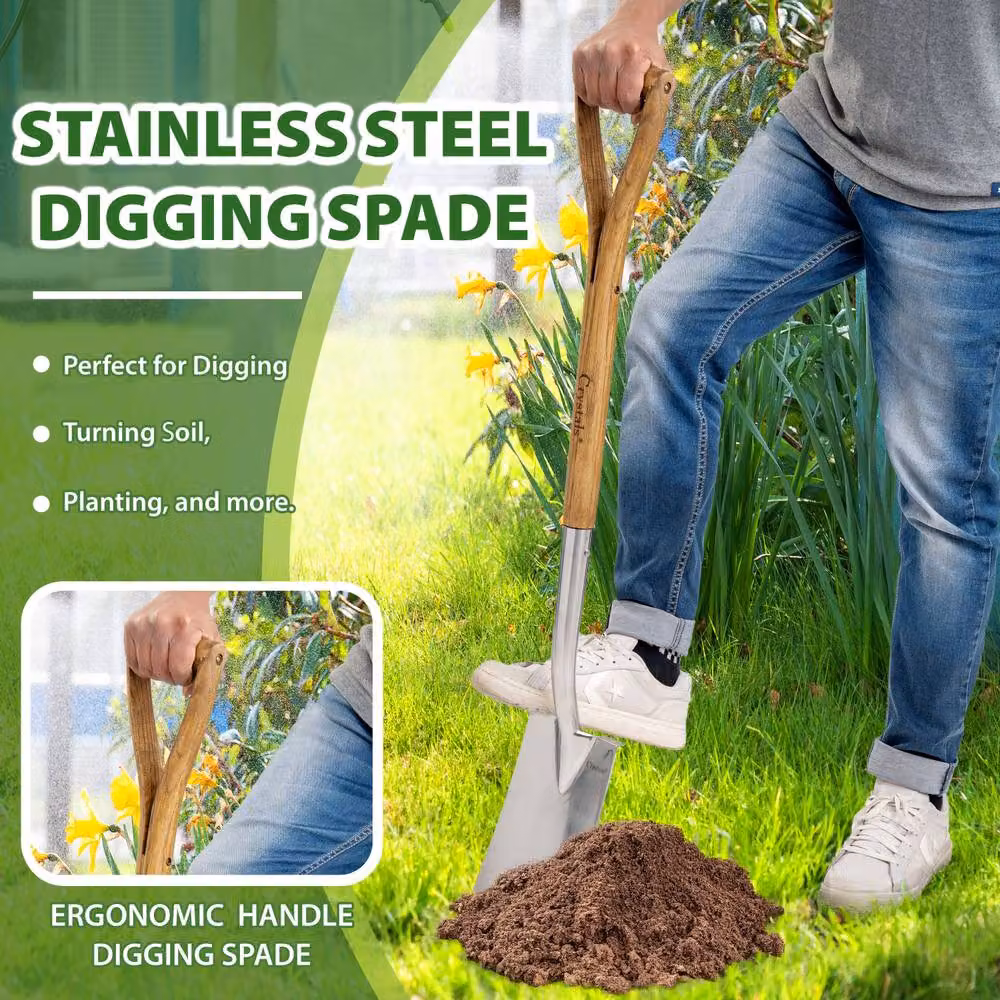 Crystals Stainless Steel Garden Spade Shovel with Wooden Handle in Metallic Silver, Height: 102 cm – 5