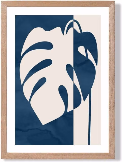 ARTZE Navy Blue Monstera Mid Century Tropical Framed Print with Oak Frame, A2
