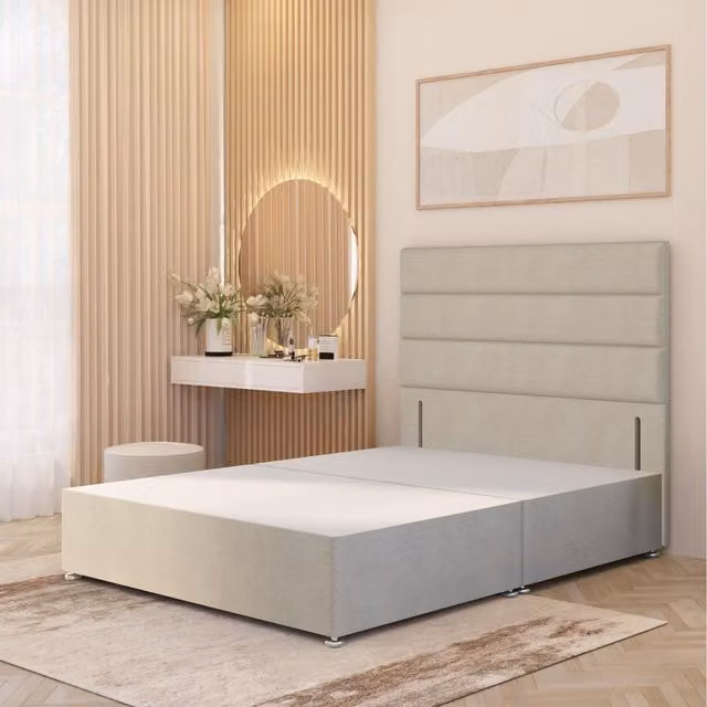 Horizona Modern Upholstered Divan Bed Base and Floor Standing Headboard in Beige and Yellow Fabric, W/D/H: 90 x 190 x 77.5 cm