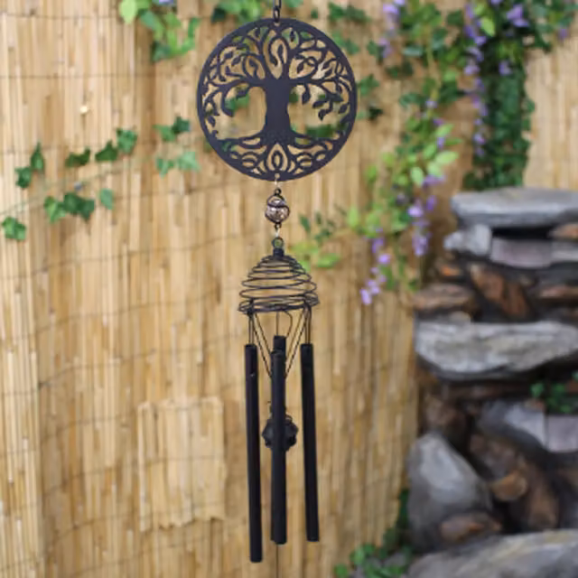 Betley Butterfly Silhouette Tree of Life Metal Wind Chime with Butterflies and Leaves in Black