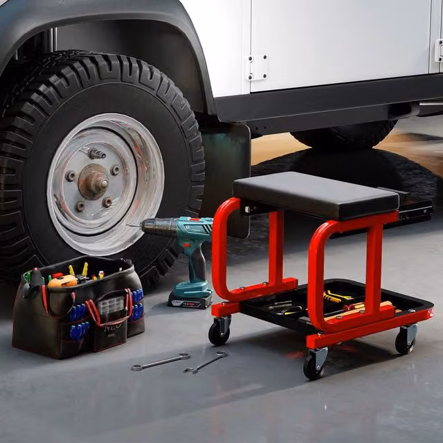 Costway Rolling Creeper Seat Padded Mechanic Stool with Drawer in Red and Multicolour