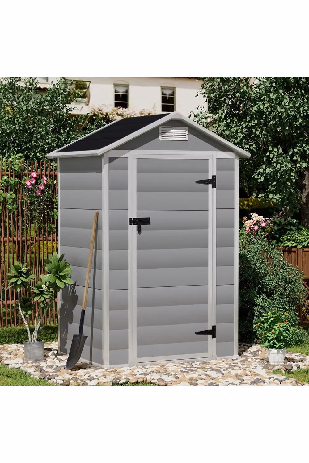 Living and Home Grey Plastic Apex Roof Garden Storage Shed with Lockable Door, W/D/H: 121.92 x 121.92 x 202 cm – 2