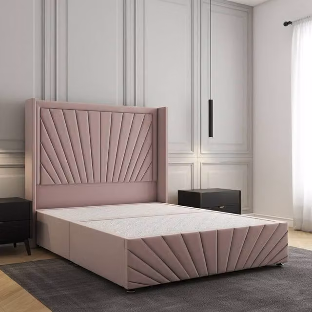Regional Furnishings Pink Velvet Upholstered Single Divan Bed with Geometric Headboard and Footboard, W/D/H: 90 x 190 cm
