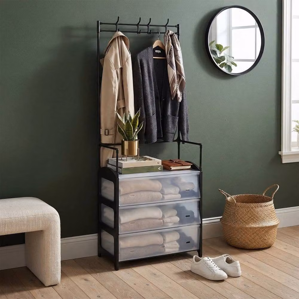 NESTLUNE 4-Tier Black Metal Coat and Hat Stand with 8 Hooks and Shoe Rack, W/D/H: 60 x 31 x 158 cm – 3