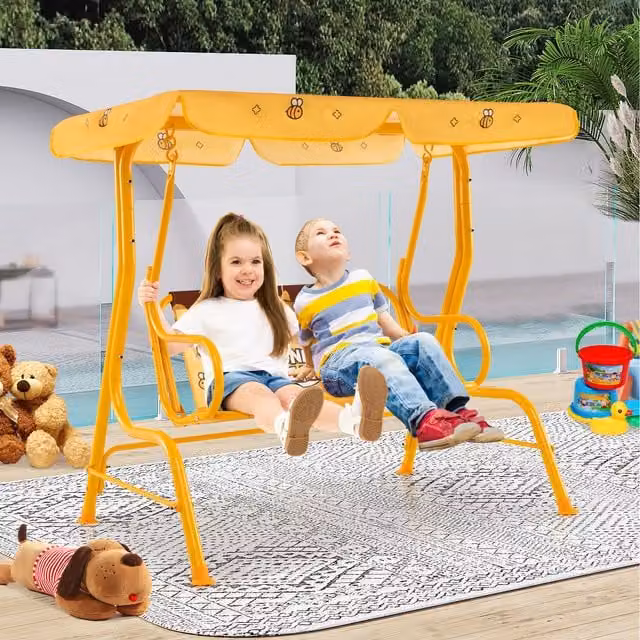 Costway 2-Seater Toddler Porch Swing Chair with Sun Canopy in Orange
