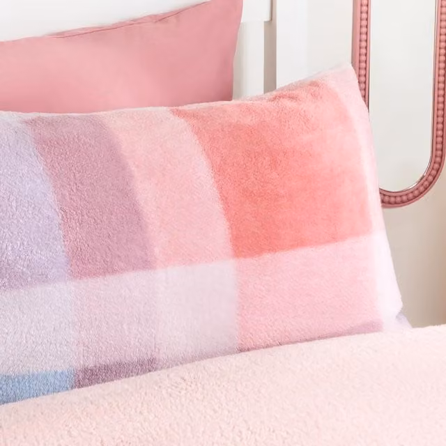OHS Patchwork Check Teddy Duvet Set in Multicolour and Pink