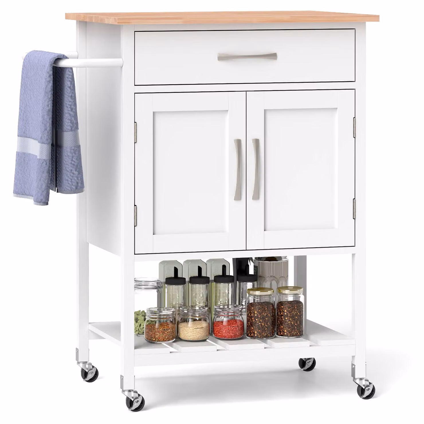 Costway Rolling Kitchen Island Mobile Serving Cart with Drawer and 2 Door Storage Cabinet in White – 2
