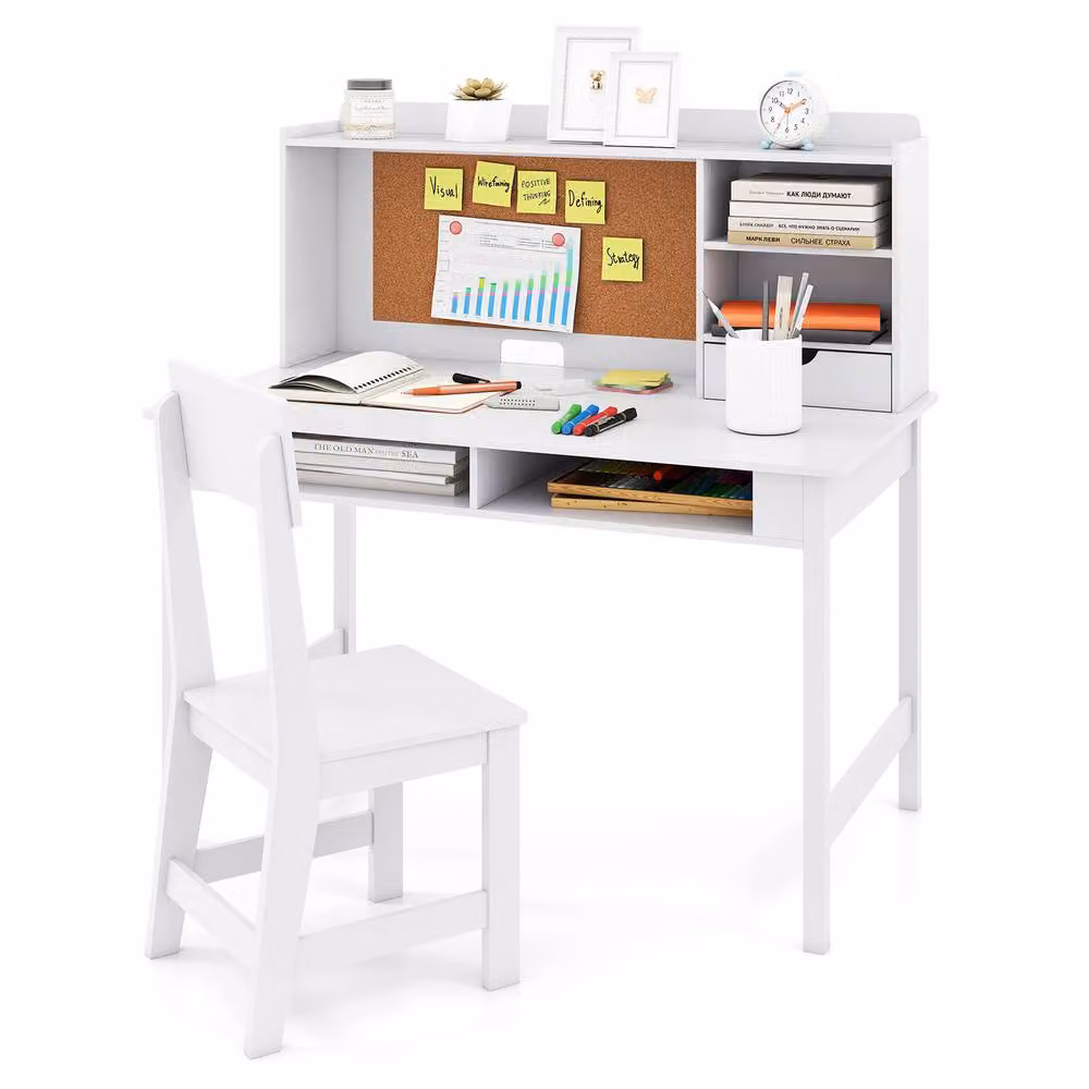 CASART Kids Wooden Study Table and Chair Set with Hutch and Shelves in White – 2