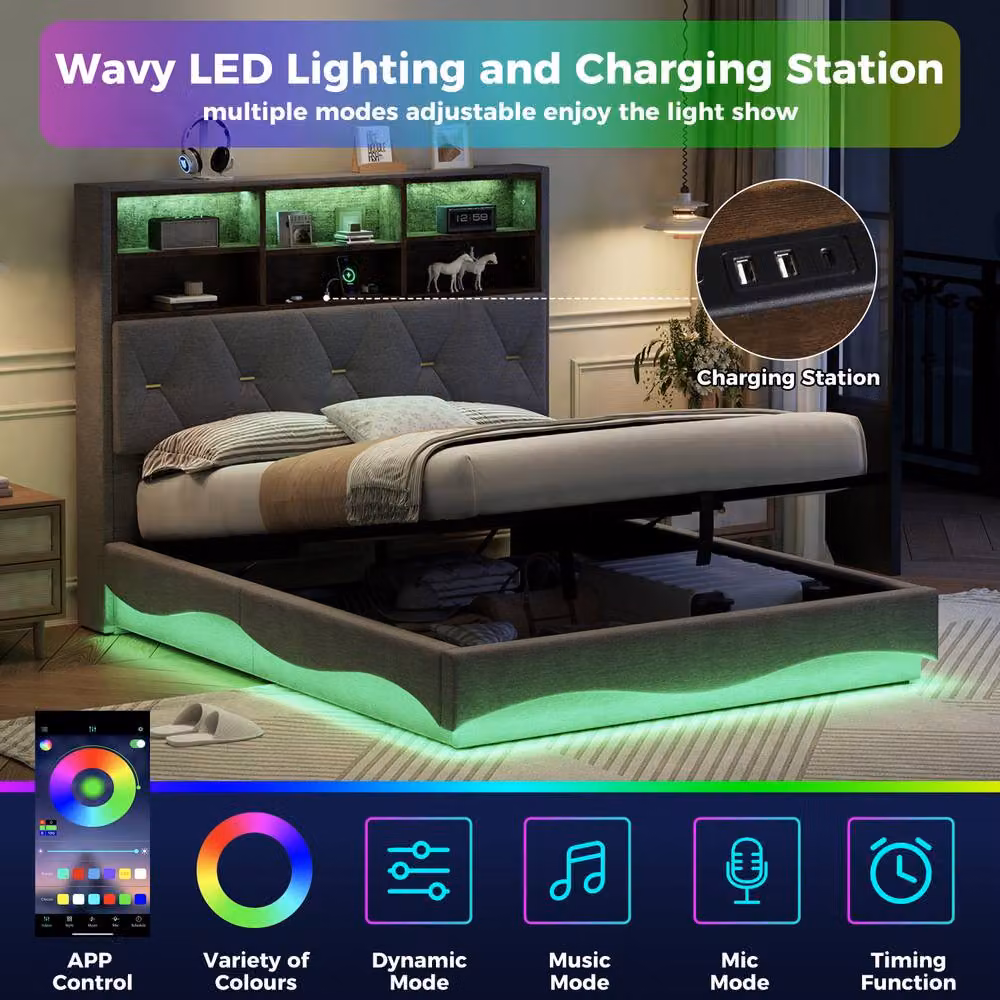 BTM Double Hydraulic Storage Bed in Grey with Wavy LED Under-bed Lighting and USB Charging Ports, W/D/H: 140 x 200 x 137 cm – 5