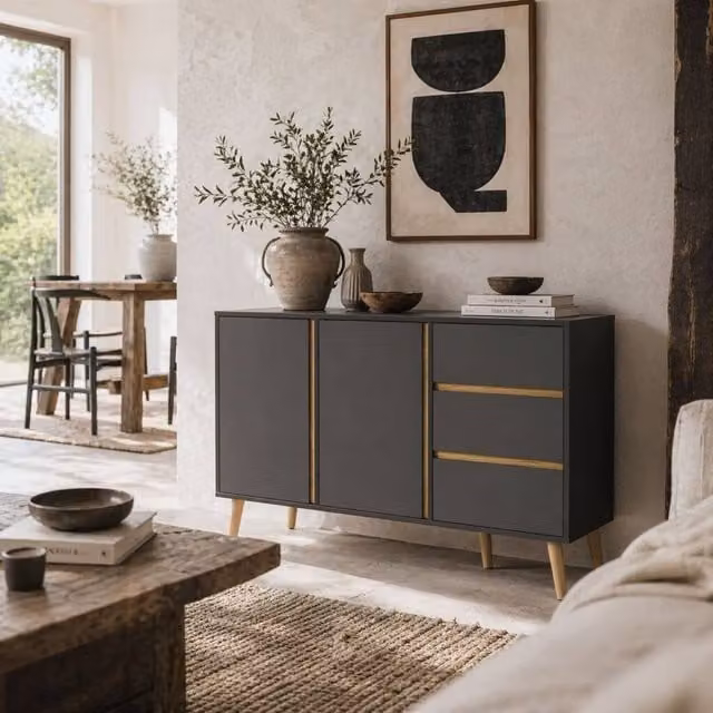 Wyld Haus Sola Vela Dark Grey Sideboard with 2 Doors, 3 Drawers and Adjustable Shelves, W: 120 cm, H: 80 cm, D: 40 cm