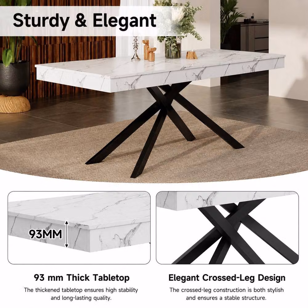 Merax Rectangular Extendable Dining Table with White Marble Effect Top and Black Metal X-Frame Legs – 5