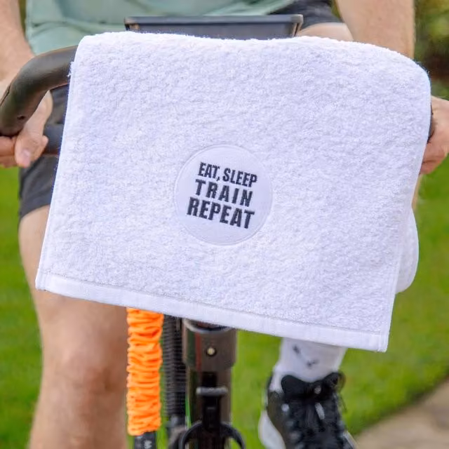 Duncan Stewart Eat, Sleep, Train, Repeat Cotton Terry Gym Towel in White – 1