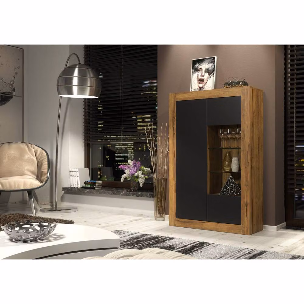 Mex Furniture LTD Arcadia Display Cabinet in Dark Oak with Matt Black Doors and Glass Shelves, Width: 140 cm – 2