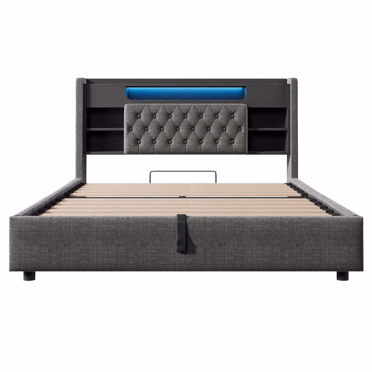 Aosom UK Grey Upholstered Double Bed Frame with Hydraulic Storage and LED Lighting, L: 223 cm, W: 158 cm, H: 115 cm – 2