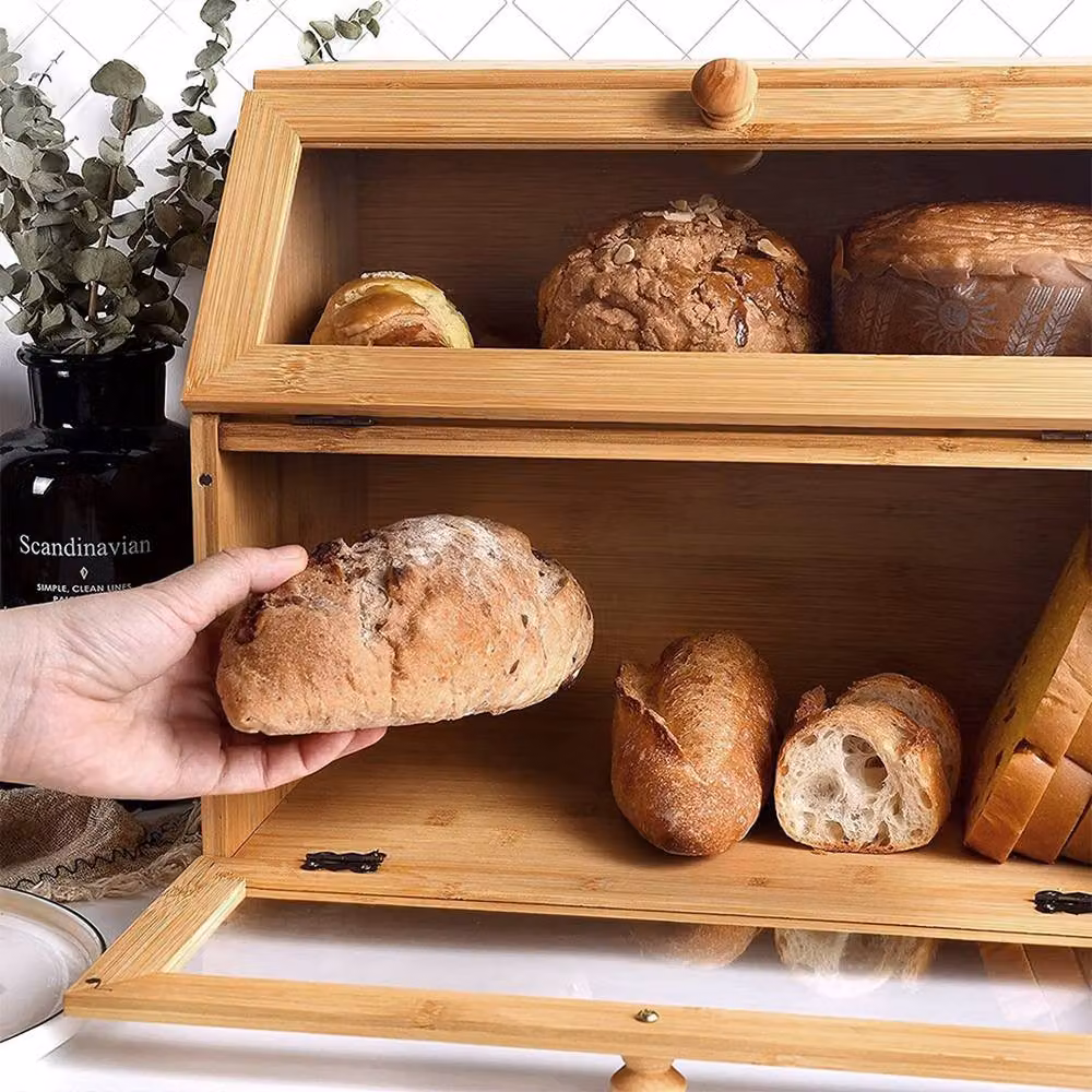 Ventryn Double Layer Stackable Bamboo Wooden Bread Box Storage Container in Natural Brown and Beige – 2