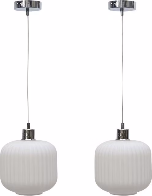 First Choice Lighting Bento Set of 2 Suspended Pendant Lights with White Ribbed Glass and Chrome Fittings