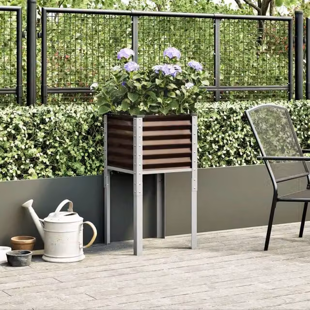 Berkfield Home Decorative Garden Planter Tub in Brown Steel, W/D/H: 45 x 45 x 88 cm