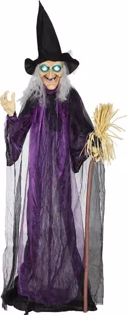 Outsunny Life Size Animated Standing Witch and Broomstick Halloween Decoration with Glowing LED Eyes, Height: 183 cm