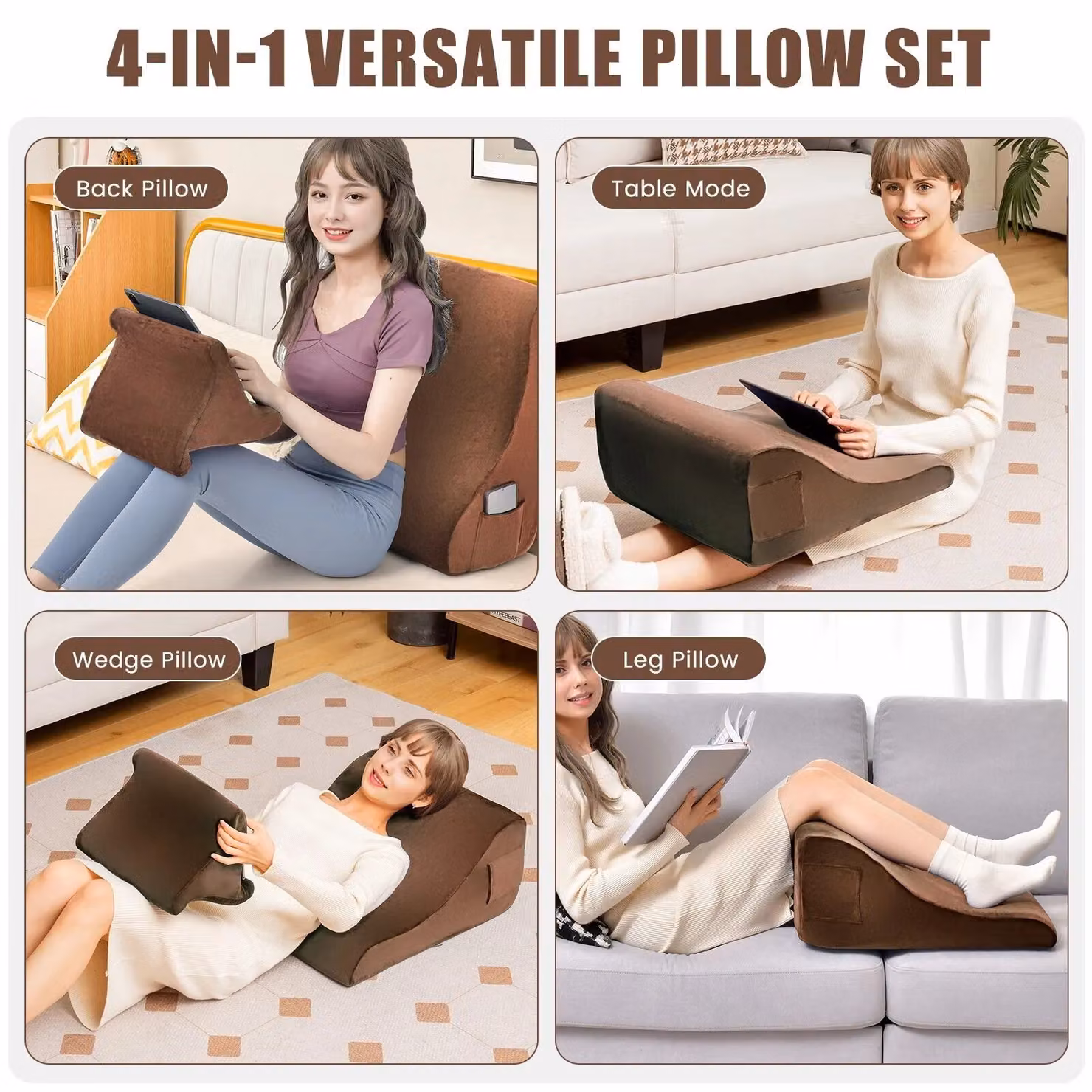 Costway 4 in 1 Brown Velvet Bed Wedge Pillow with Tablet Stand and Side Pockets, High Resilience Foam – 4