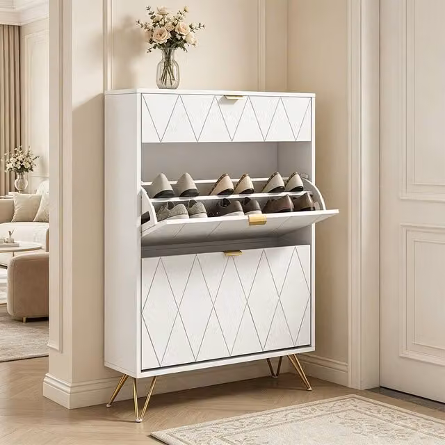 ERGOVEXA Narrow White Matt Shoe Cabinet with 2 Tilting Compartments and Top Drawer – 1