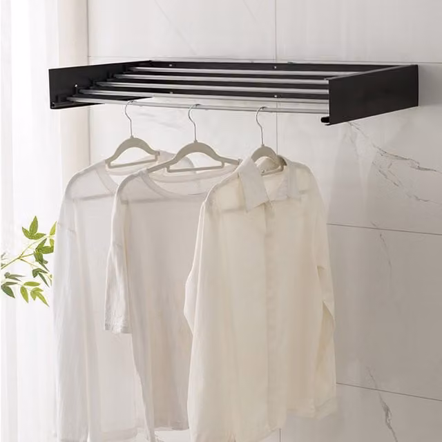 Livingandhome Foldable Wall-Mounted Aluminium Towel Rack, Black