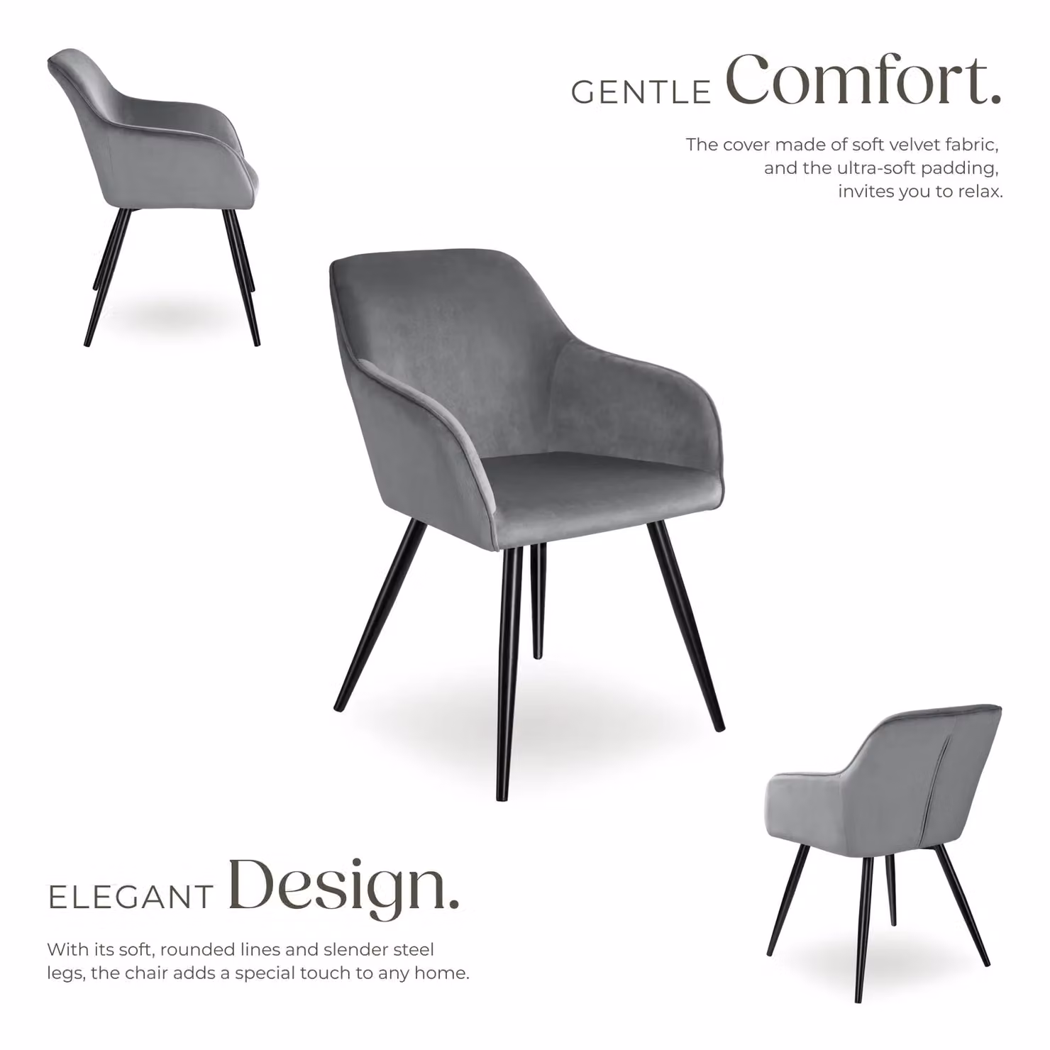 tectake Marilyn Set of 6 Velvet Dining Chairs in Grey and Black – 3