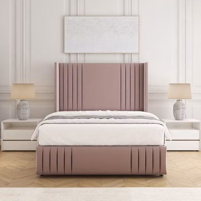 BSSPOKE Peyton Divan Bed Set with 54 inch Headboard and Mattress in Pink Plush Velvet, W/D/H: 180 x 200 cm