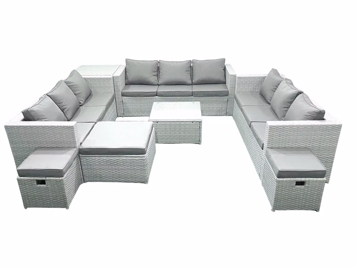Fimous 12 Seater Rattan Garden Furniture Set in Light Grey with U-Shape Sofa, 3 Ottomans and Coffee Table – 2