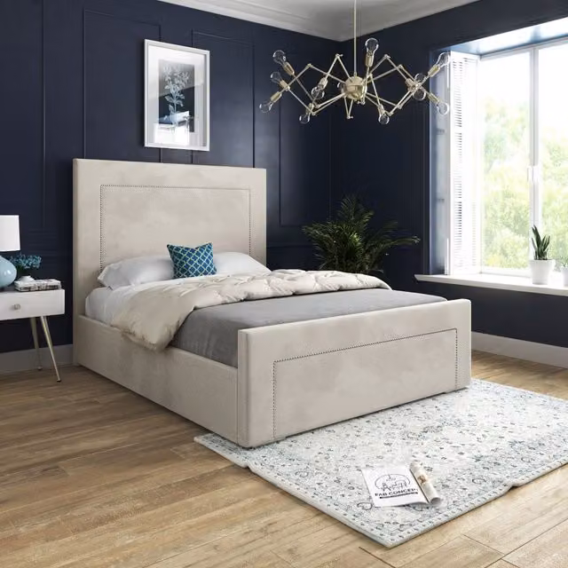 KDMD Lucca Upholstered Soft Velvet Bed Frame in Cream, W/D/H: 200 x 137 x 189 cm
