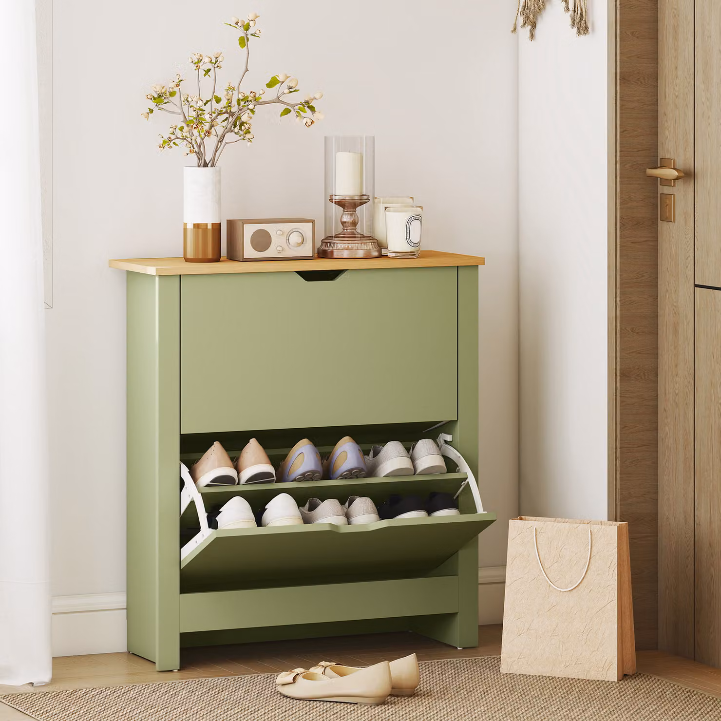 HOMCOM Slim Green Shoe Cabinet with 2 Tilting Drawers and Adjustable Internal Shelves – 6